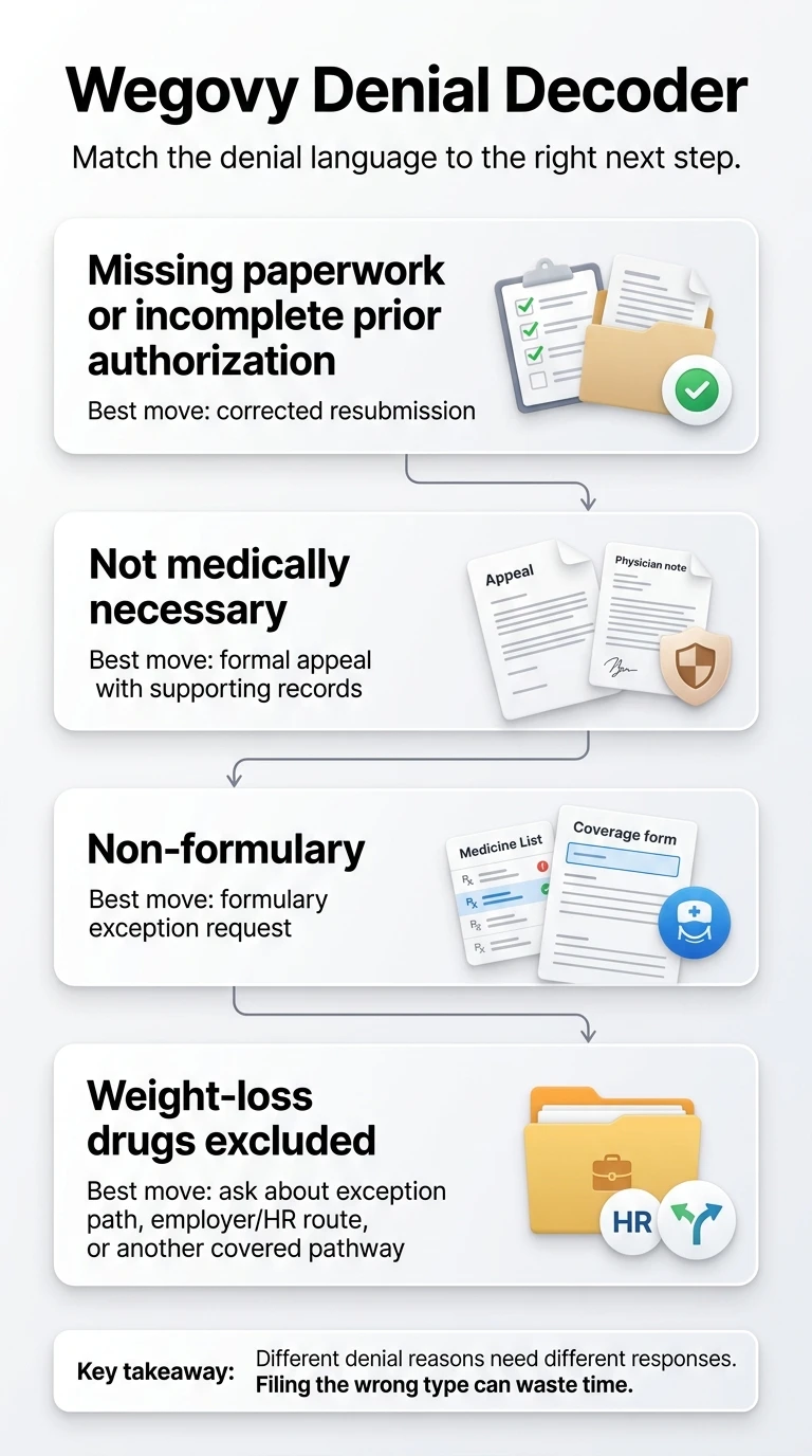 Wegovy Denial Decoder infographic — match the denial language to the right next step. Four scenarios shown: Missing paperwork or incomplete prior authorization — best move is corrected resubmission. Not medically necessary — best move is formal appeal with supporting records. Non-formulary — best move is formulary exception request. Weight-loss drugs excluded — best move is ask about exception path, employer/HR route, or another covered pathway. Key takeaway: Different denial reasons need different responses. Filing the wrong type can waste time.