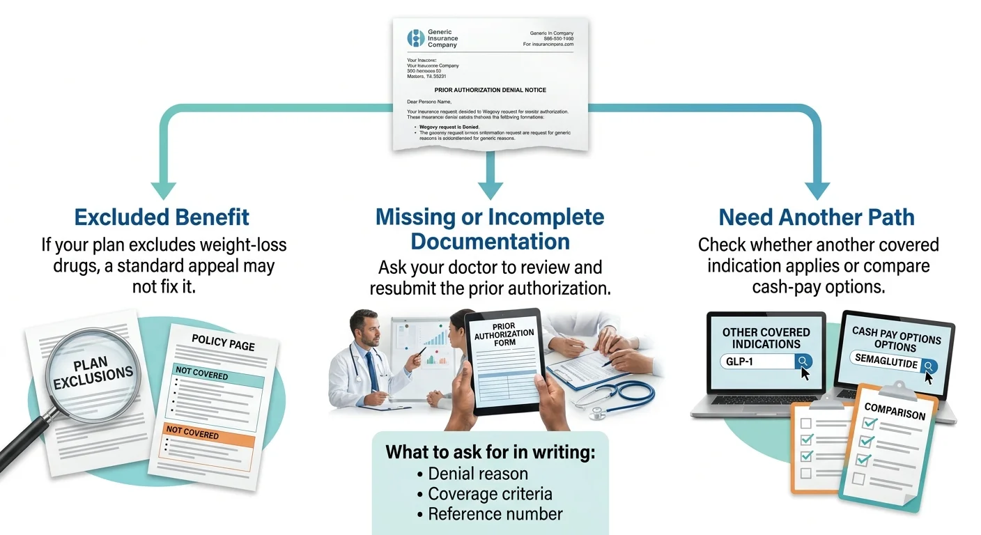 Three outcomes after a Wegovy prior authorization denial notice: Excluded Benefit (if your plan excludes weight-loss drugs, a standard appeal may not fix it), Missing or Incomplete Documentation (ask your doctor to review and resubmit the prior authorization), and Need Another Path (check whether another covered indication applies or compare cash-pay options)