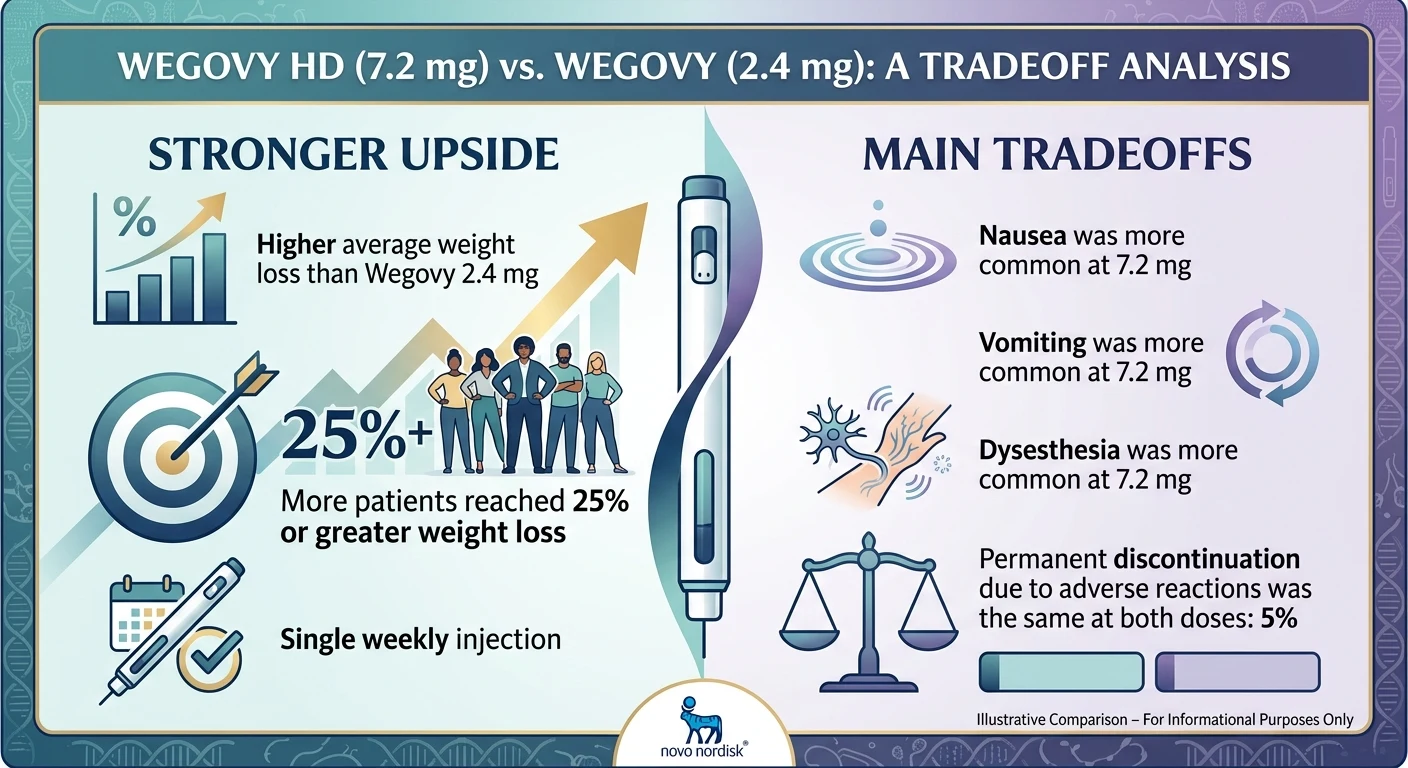 Wegovy HD 7.2 mg vs Wegovy 2.4 mg tradeoff analysis: stronger upside includes higher average weight loss and more patients reaching 25% or greater weight loss. Main tradeoffs include more nausea, more vomiting, more dysesthesia, with permanent discontinuation rate the same at 5%