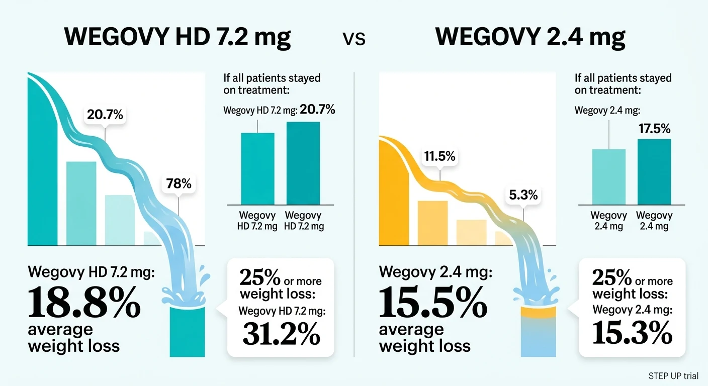 STEP UP trial results: Wegovy HD 7.2 mg achieved 18.8% average weight loss and 20.7% for those who stayed on treatment, with 31.2% reaching 25% or more weight loss. Wegovy 2.4 mg achieved 15.5% and 17.5% respectively, with 15.3% reaching 25% or more