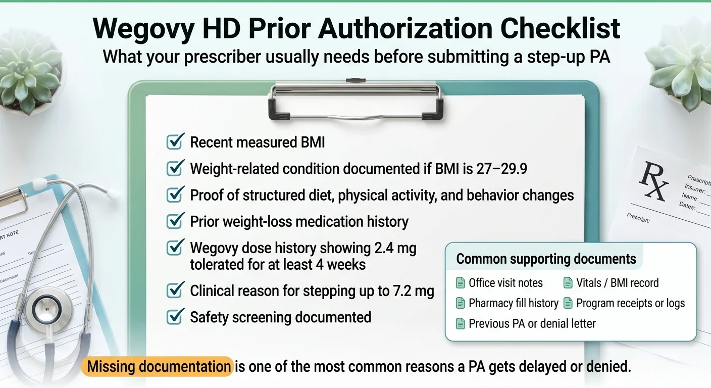 Wegovy HD Prior Authorization Checklist: What your prescriber usually needs before submitting a step-up PA. Checklist items: Recent measured BMI. Weight-related condition documented if BMI is 27 to 29.9. Proof of structured diet, physical activity, and behavior changes. Prior weight-loss medication history. Wegovy dose history showing 2.4 mg tolerated for at least 4 weeks. Clinical reason for stepping up to 7.2 mg. Safety screening documented. Common supporting documents panel: Office visit notes, Vitals and BMI record, Pharmacy fill history, Program receipts or logs, Previous PA or denial letter. Bottom note: Missing documentation is one of the most common reasons a PA gets delayed or denied.