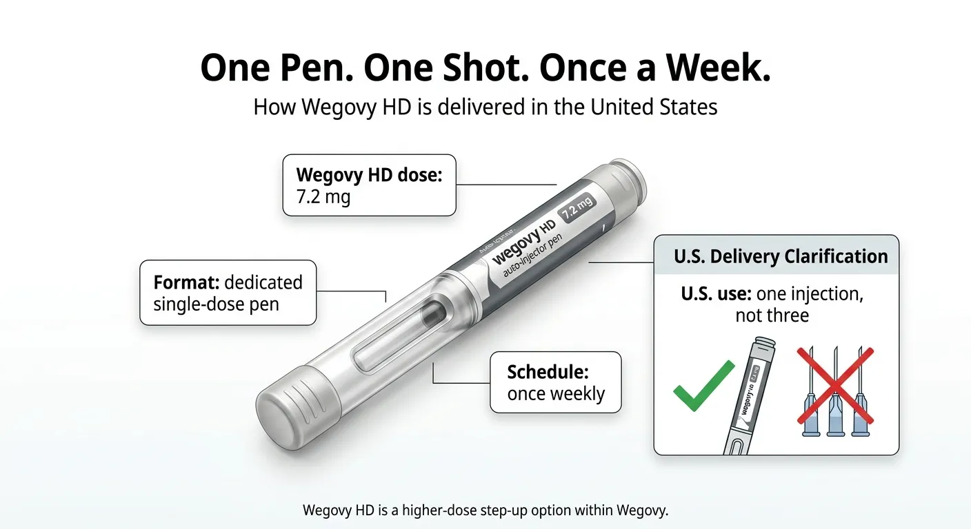 Wegovy HD single-dose pen delivery infographic: Wegovy HD dose 7.2 mg, Format: dedicated single-dose auto-injector pen, Schedule: once weekly. U.S. delivery clarification: U.S. use is one injection, not three separate shots. The three-injection method was used in the UK before the dedicated single-dose pen was available.