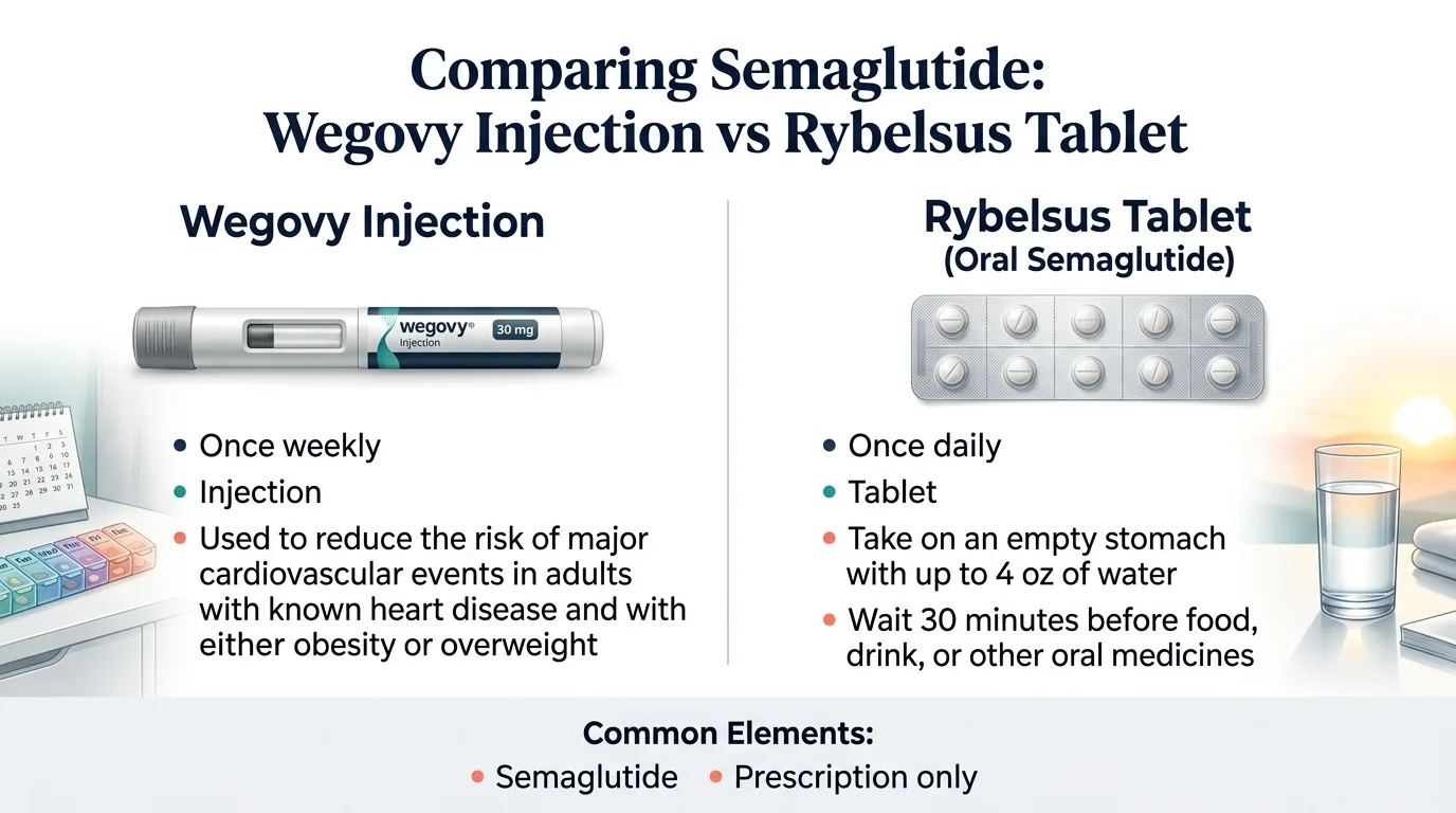 Comparing Semaglutide: Wegovy Injection vs Rybelsus Tablet. Wegovy Injection: once weekly, used to reduce cardiovascular events in adults with known heart disease and obesity or overweight. Rybelsus Tablet (Oral Semaglutide): once daily, take on an empty stomach with up to 4 oz of water, wait 30 minutes before food, drink, or other oral medicines. Common elements: semaglutide, prescription only.