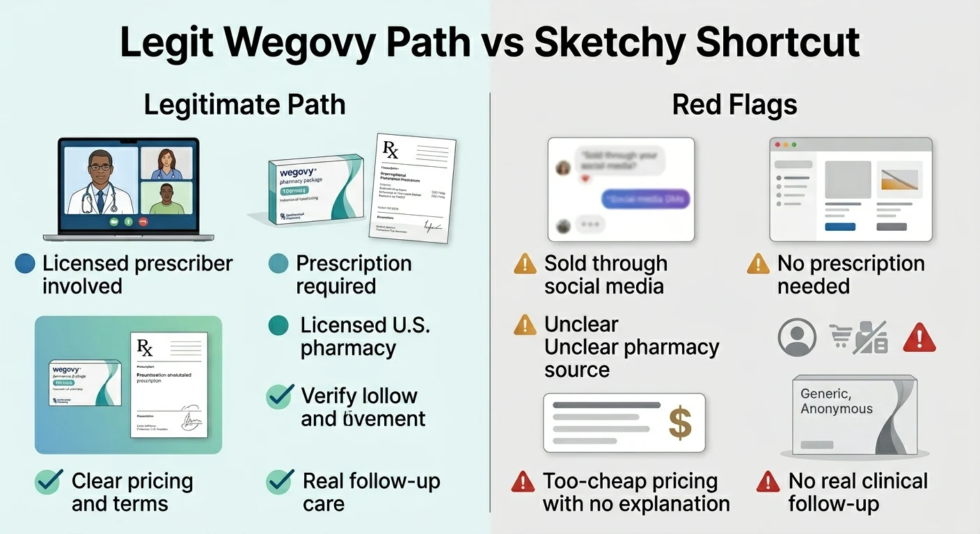 Legitimate Wegovy path vs sketchy shortcut red flags: legitimate path requires licensed prescriber, prescription, licensed US pharmacy, clear pricing and terms, real follow-up care. Red flags include sold through social media, no prescription needed, unclear pharmacy source, too-cheap pricing with no explanation, no real clinical follow-up