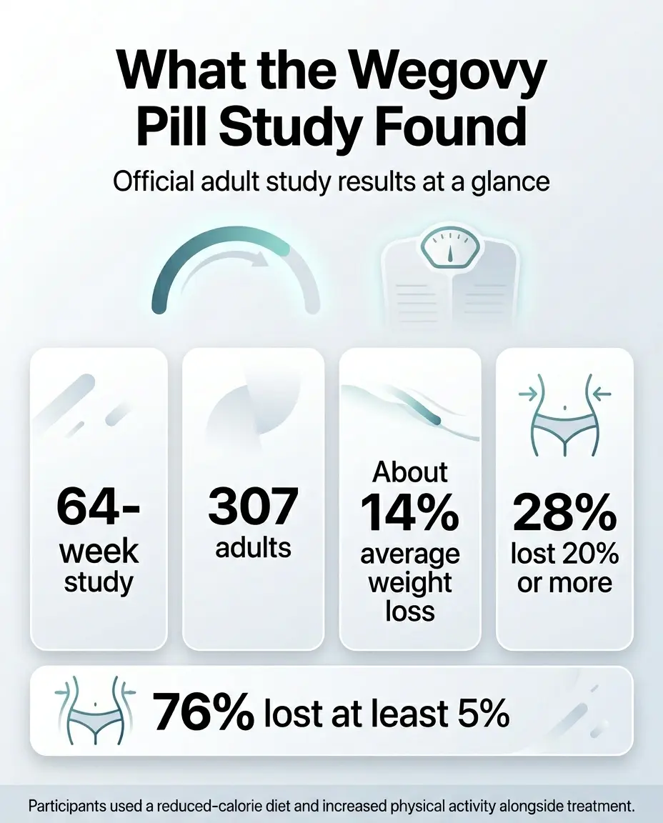 What the Wegovy pill study found: OASIS 4 official adult study results at a glance — 64-week study of 307 adults showed about 14% average weight loss, 28% lost 20% or more, 76% lost at least 5%