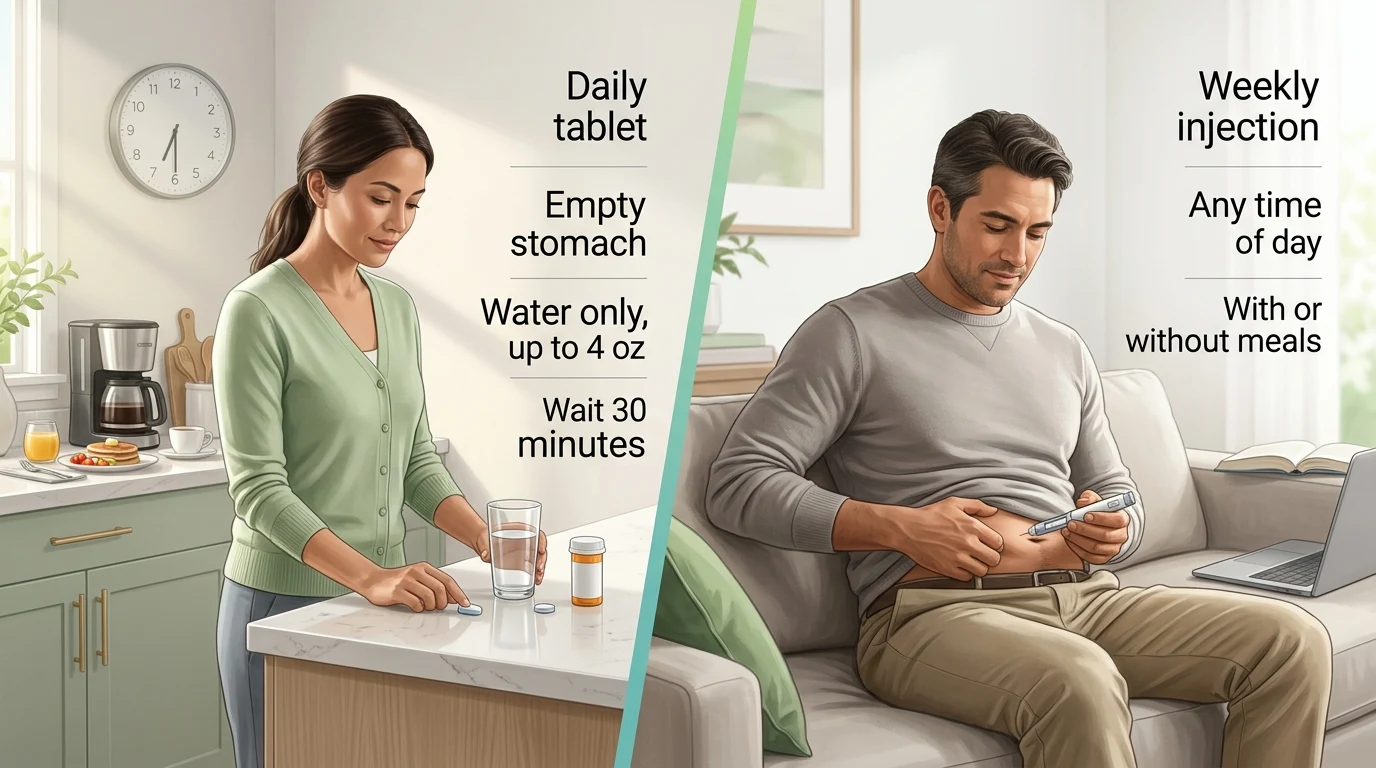 Side-by-side comparison: on the left, a woman taking her Wegovy pill in the morning in a kitchen — daily tablet, empty stomach, water only up to 4 oz, wait 30 minutes; on the right, a man self-injecting Wegovy on a couch — weekly injection, any time of day, with or without meals
