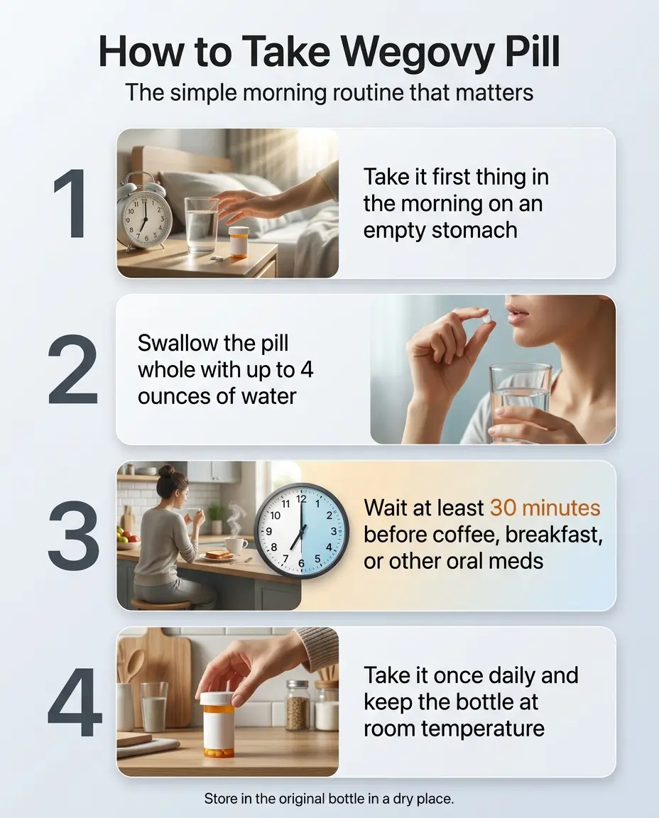 How to take Wegovy pill — simple morning routine: 1. Take first thing on empty stomach, 2. Swallow with up to 4 ounces of water, 3. Wait at least 30 minutes before coffee breakfast or other oral meds, 4. Take once daily and keep bottle at room temperature