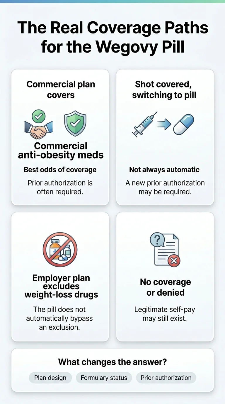 Infographic showing the four real coverage paths for the Wegovy pill: commercial plan covers anti-obesity meds, shot covered switching to pill not always automatic, employer plan excludes weight-loss drugs, and no coverage where self-pay exists