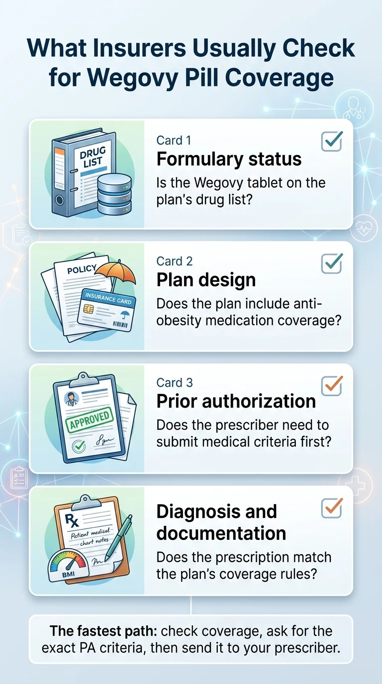 Infographic listing four things insurers check for Wegovy pill coverage: formulary status, plan design for anti-obesity medications, prior authorization submission, and diagnosis and documentation matching the plan's coverage rules