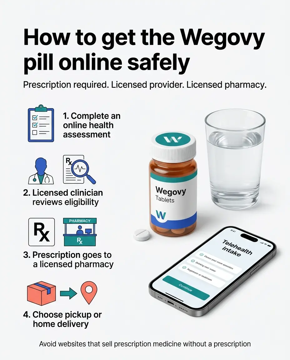 How to get the Wegovy pill online safely — step-by-step infographic showing 4 steps: complete an online health assessment, licensed clinician reviews eligibility, prescription goes to a licensed pharmacy, choose pickup or home delivery