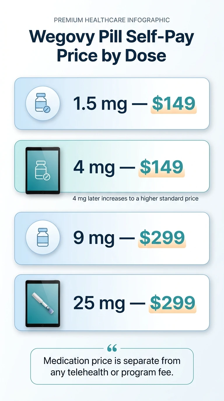 Wegovy pill self-pay price by dose infographic: 1.5 mg costs $149, 4 mg costs $149 (limited time), 9 mg costs $299, 25 mg costs $299. Medication price is separate from any telehealth or program fee.