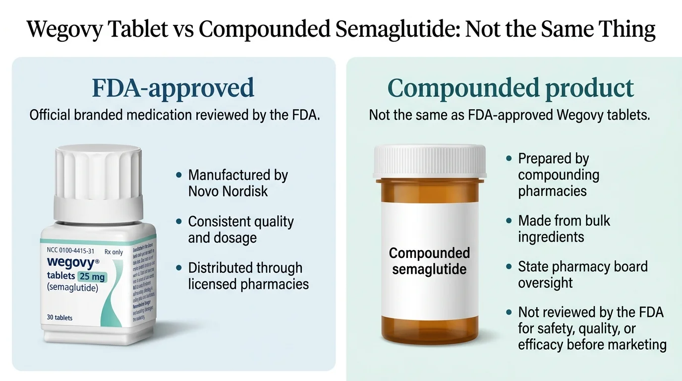 Side-by-side comparison infographic: FDA-approved Wegovy tablets manufactured by Novo Nordisk with consistent quality versus compounded semaglutide prepared by compounding pharmacies from bulk ingredients, not reviewed by FDA for safety or efficacy