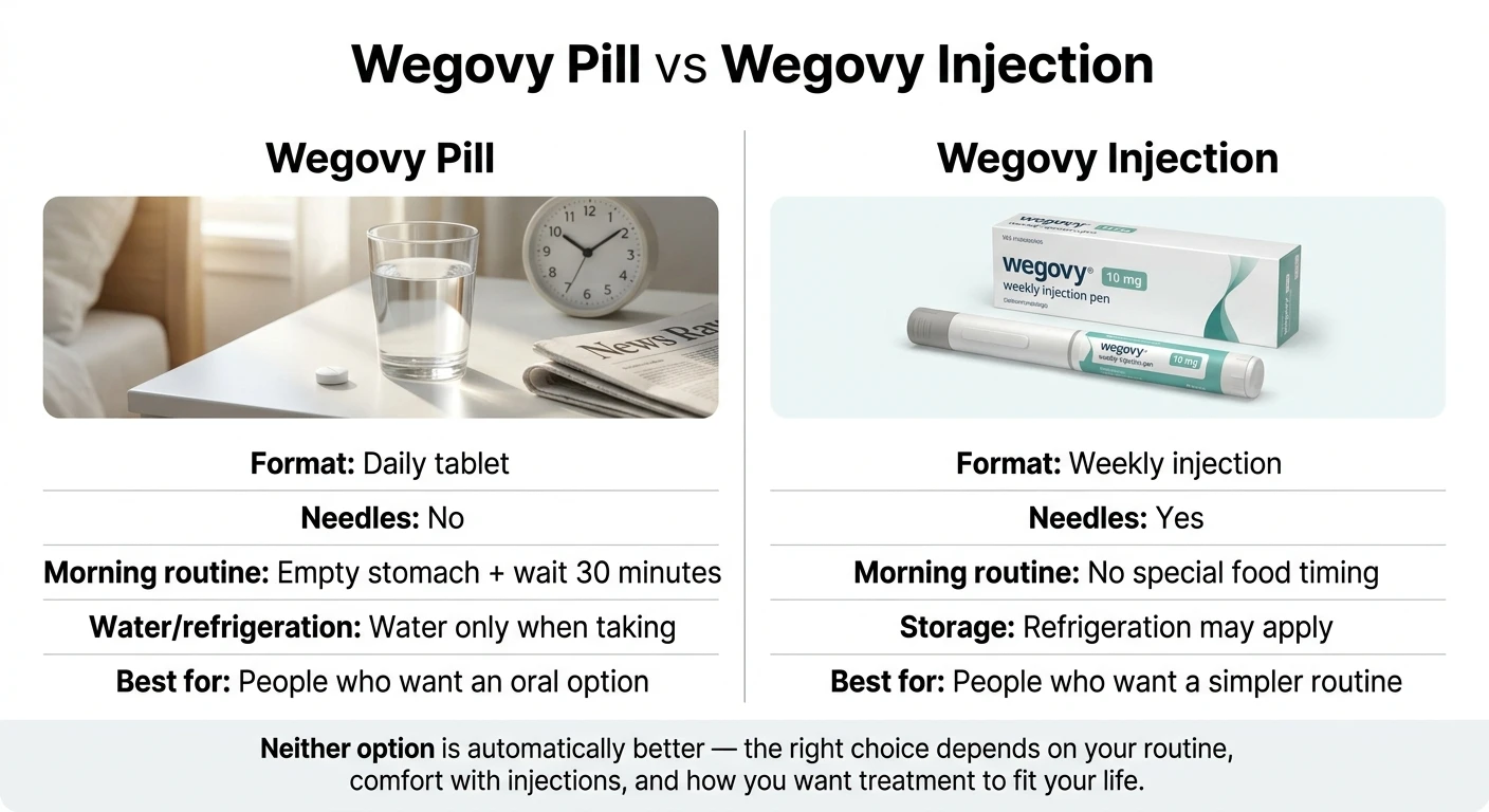 Wegovy pill vs Wegovy injection comparison: pill is a daily tablet with no needles and empty stomach morning routine; injection is weekly with no special food timing but requires refrigeration. Neither option is automatically better — the right choice depends on your routine.