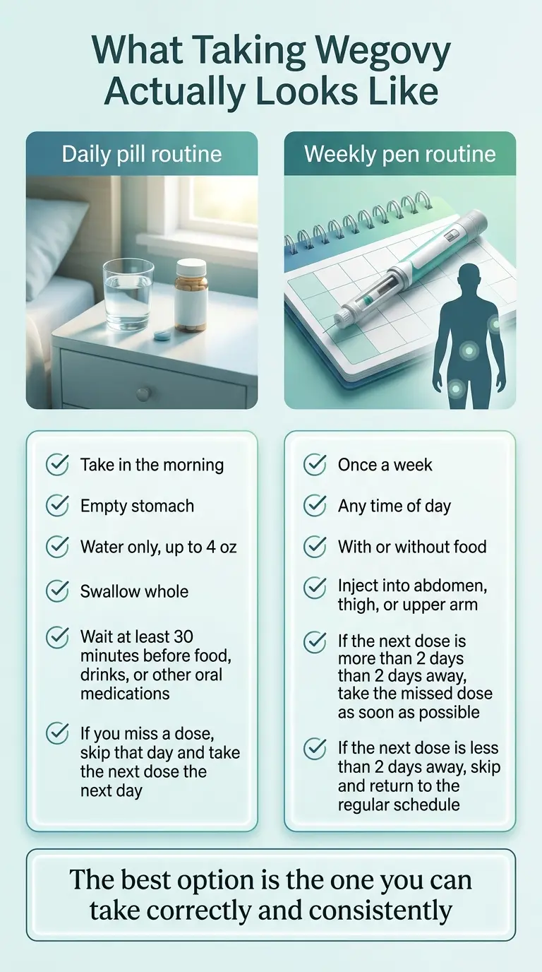 What taking Wegovy actually looks like — daily pill routine vs weekly pen routine side by side