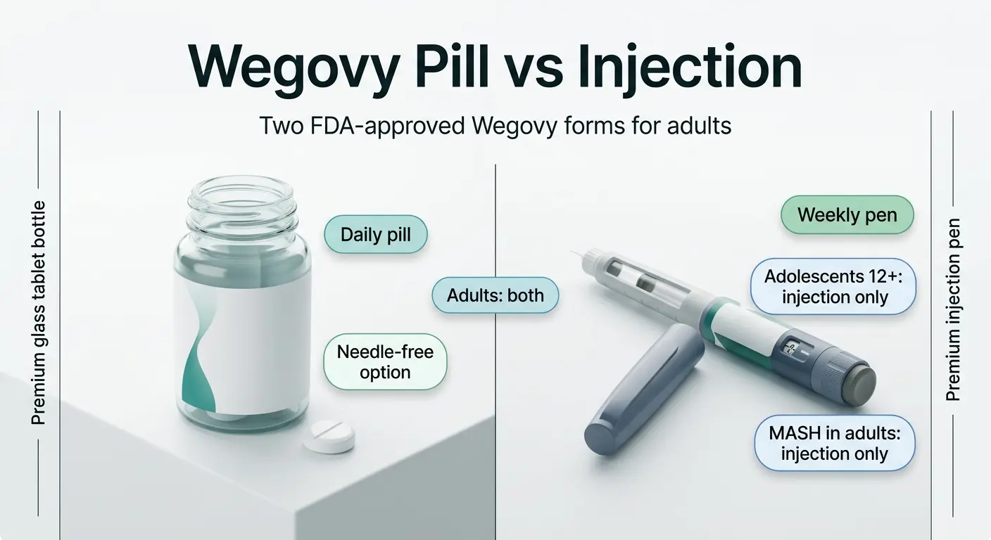 Wegovy pill bottle and injection pen side by side — two FDA-approved forms of semaglutide for weight loss