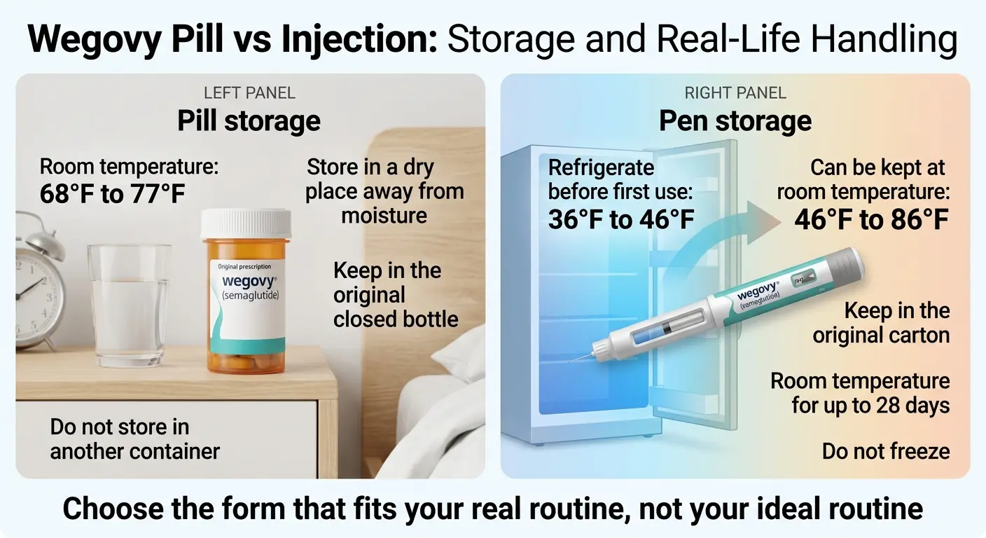 Wegovy pill vs injection storage and real-life handling — pill at room temperature, injection requires refrigeration before first use