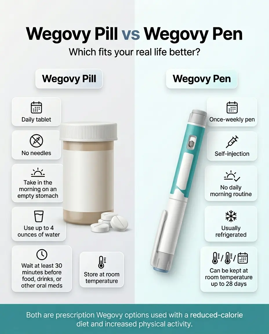 Wegovy pill vs Wegovy pen side-by-side: daily tablet with no needles, room temperature storage vs once-weekly self-injection pen with refrigeration and no daily morning routine
