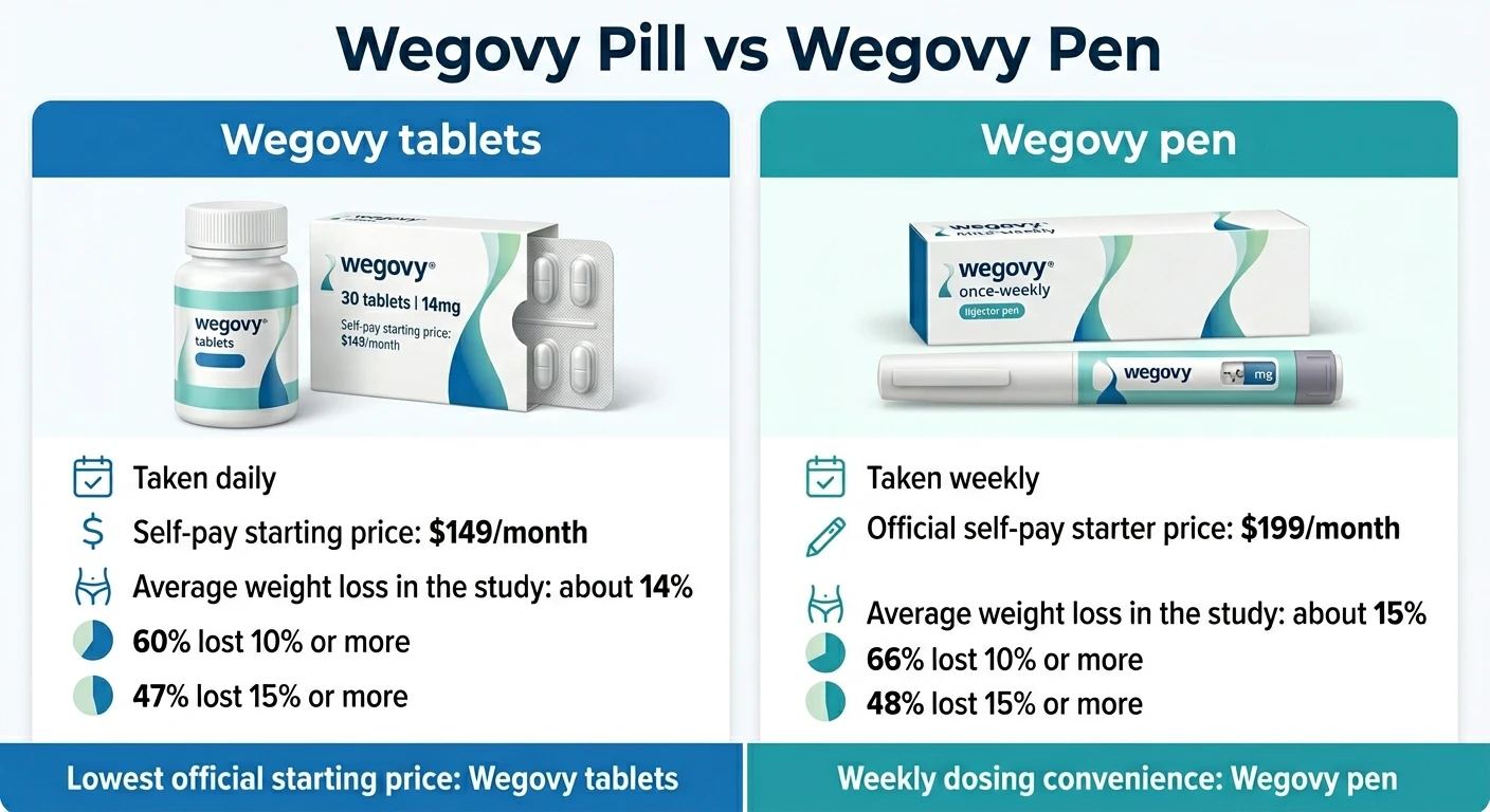 Wegovy Pill vs Wegovy Pen comparison infographic. Left side — Wegovy tablets: taken daily; self-pay starting price $149/month; average weight loss in study about 14%; 60% lost 10% or more; 47% lost 15% or more. Lowest official starting price: Wegovy tablets. Right side — Wegovy pen: taken weekly; official self-pay starter price $199/month; average weight loss in study about 15%; 66% lost 10% or more; 48% lost 15% or more. Weekly dosing convenience: Wegovy pen.