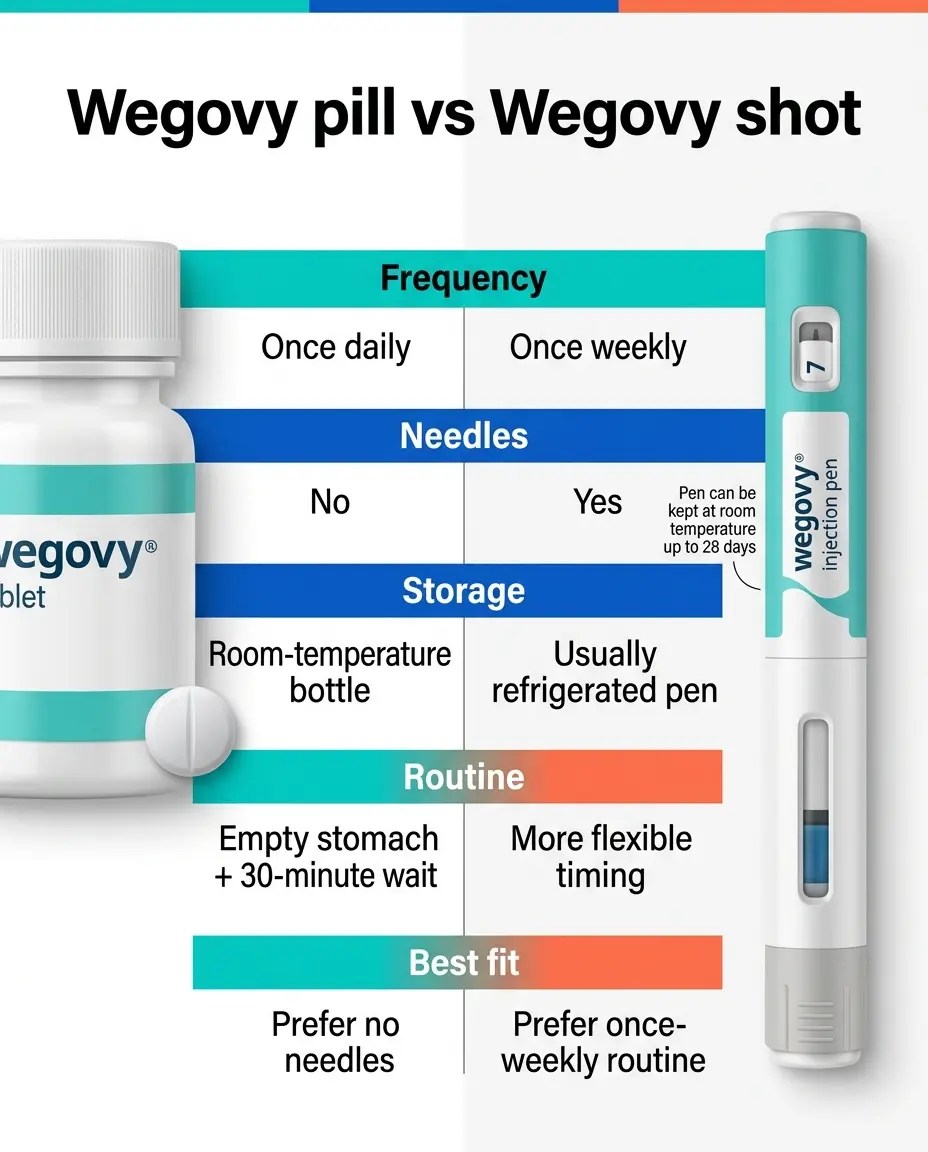 Wegovy pill vs Wegovy shot comparison chart — frequency, needles, storage, routine, and best fit side by side showing pill is once daily with no needles and room-temperature storage while injection is once weekly with needles and usually refrigerated
