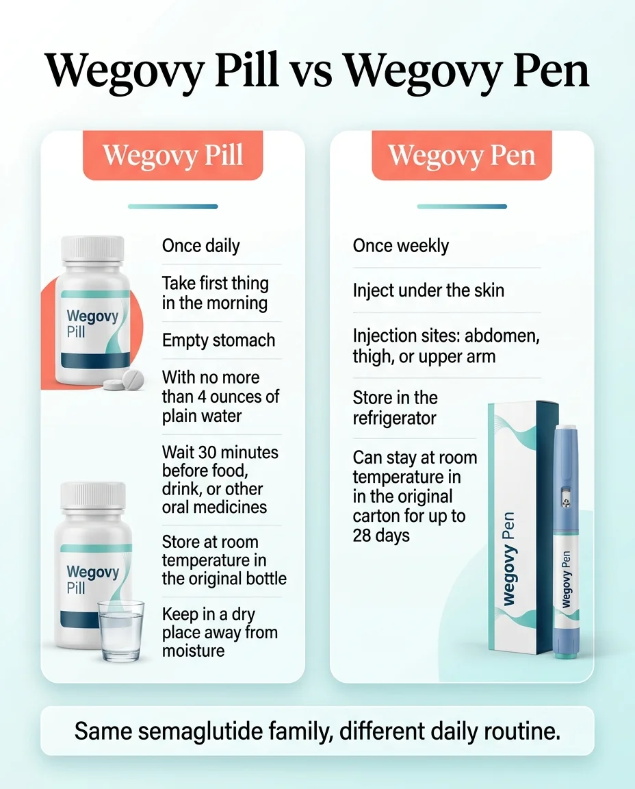 Wegovy pill vs Wegovy pen comparison — same semaglutide family: pill is once daily on empty stomach, pen is once weekly injection stored in fridge