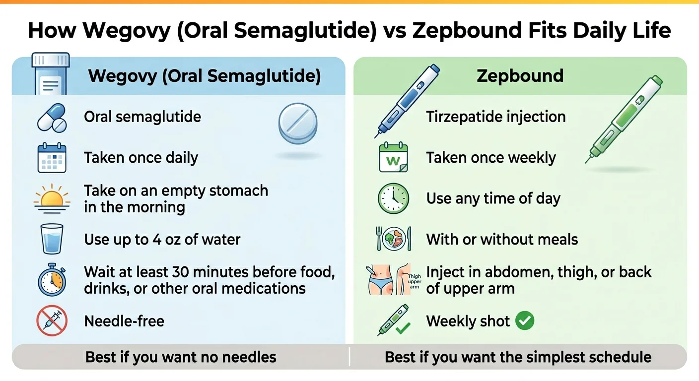 How Wegovy (oral semaglutide) vs Zepbound fits daily life: Wegovy pill — oral semaglutide, taken once daily, take on empty stomach in morning, use up to 4 oz of water, wait 30 minutes before food/drinks/other oral medications, needle-free. Best if you want no needles. Zepbound — tirzepatide injection, taken once weekly, use any time of day, with or without meals, inject in abdomen, thigh, or back of upper arm, weekly shot. Best if you want the simplest schedule.