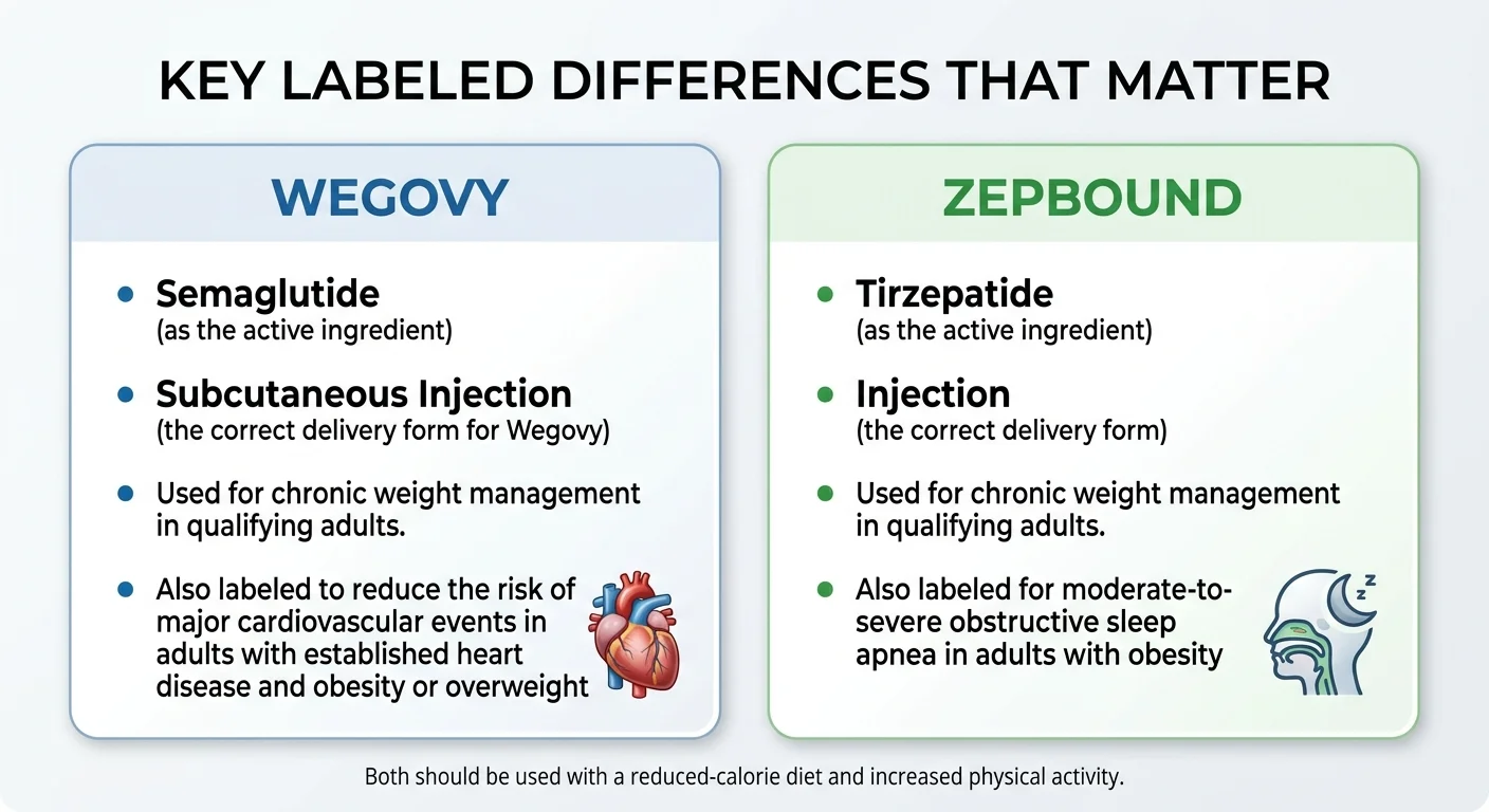 Key labeled differences that matter: Wegovy — semaglutide (active ingredient), subcutaneous injection (correct delivery form), used for chronic weight management, also labeled to reduce cardiovascular event risk in adults with established heart disease and obesity or overweight. Zepbound — tirzepatide (active ingredient), injection (correct delivery form), used for chronic weight management, also labeled for moderate-to-severe obstructive sleep apnea in adults with obesity.