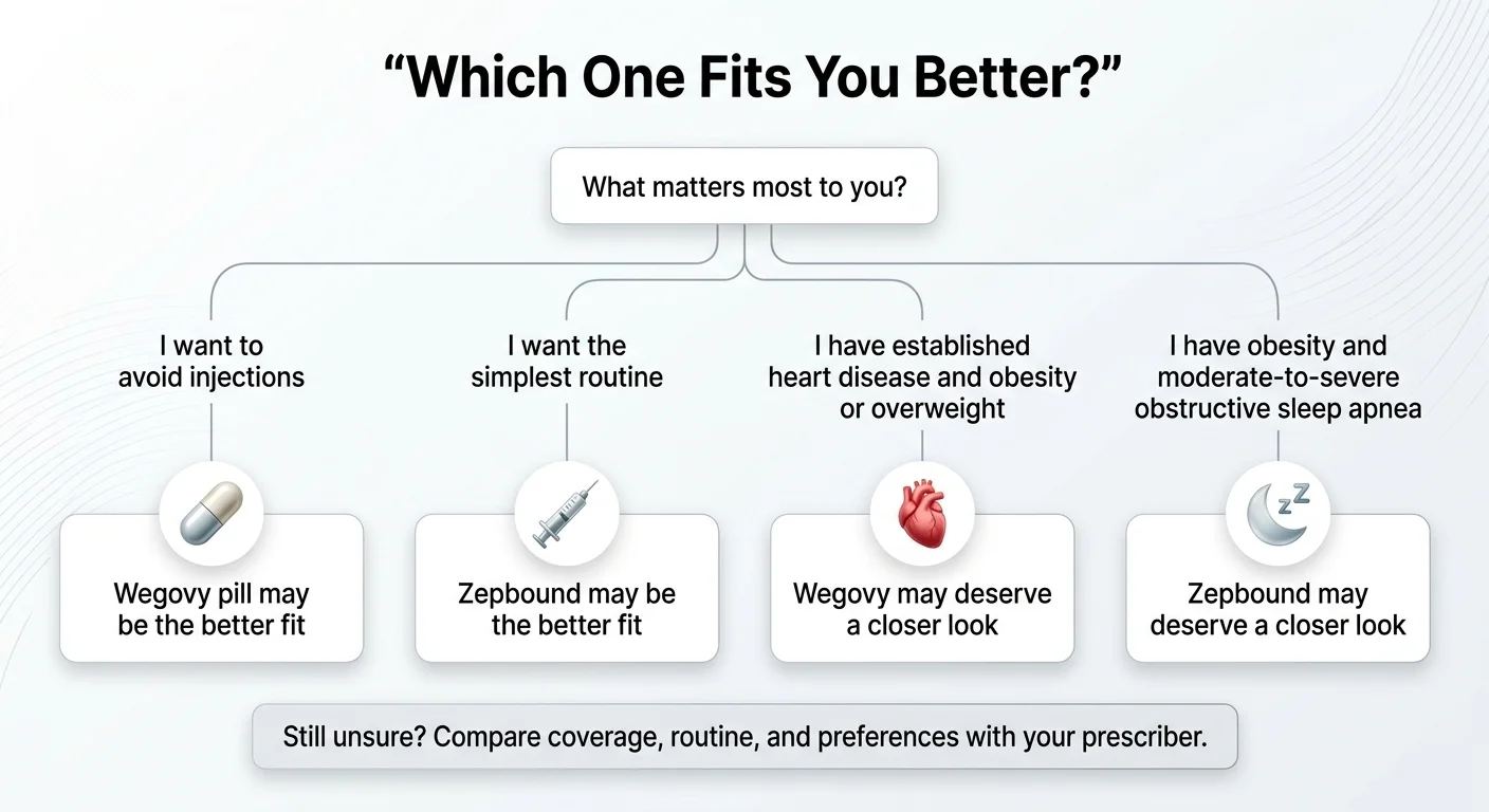 Which one fits you better? Decision tree: What matters most to you? I want to avoid injections → Wegovy pill may be the better fit. I want the simplest routine → Zepbound may be the better fit. I have established heart disease and obesity or overweight → Wegovy may deserve a closer look. I have obesity and moderate-to-severe obstructive sleep apnea → Zepbound may deserve a closer look. Still unsure? Compare coverage, routine, and preferences with your prescriber.