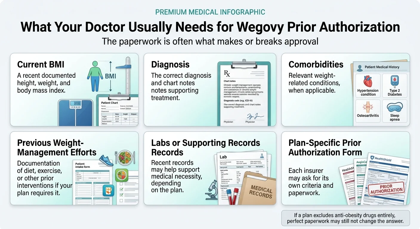 What your doctor usually needs for Wegovy prior authorization: current BMI documentation, the correct diagnosis and chart notes, comorbidities (hypertension, type 2 diabetes, osteoarthritis, sleep apnea), previous weight-management efforts documentation, labs or supporting medical records, and the plan-specific prior authorization form — the paperwork is often what makes or breaks approval