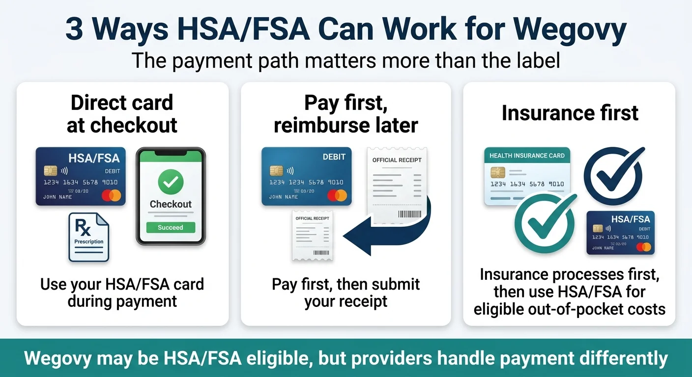 3 Ways HSA/FSA Can Work for Wegovy: (1) Direct card at checkout — use your HSA/FSA card during payment; (2) Pay first, reimburse later — pay then submit your receipt; (3) Insurance first — insurance processes first, then use HSA/FSA for eligible out-of-pocket costs