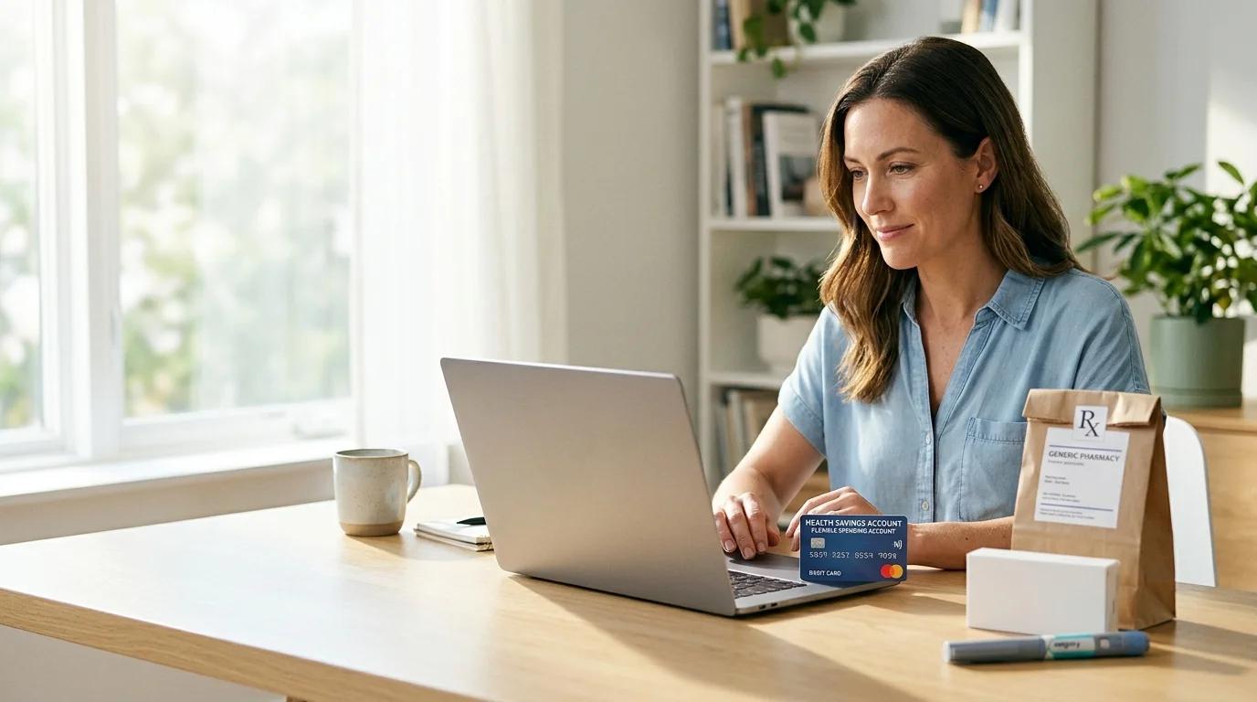 Woman sitting at home desk using her HSA/FSA card on a laptop, with a pharmacy bag and Wegovy injection pen on the table beside her