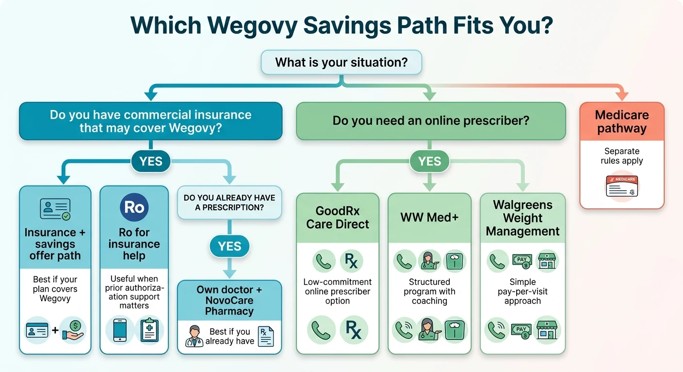 Which Wegovy savings path fits you decision chart: commercial insurance yes leads to insurance plus savings offer or Ro for insurance help, already have prescription leads to own doctor plus NovoCare Pharmacy, need online prescriber leads to GoodRx Care Direct, WW Med Plus, or Walgreens Weight Management, Medicare is separate pathway