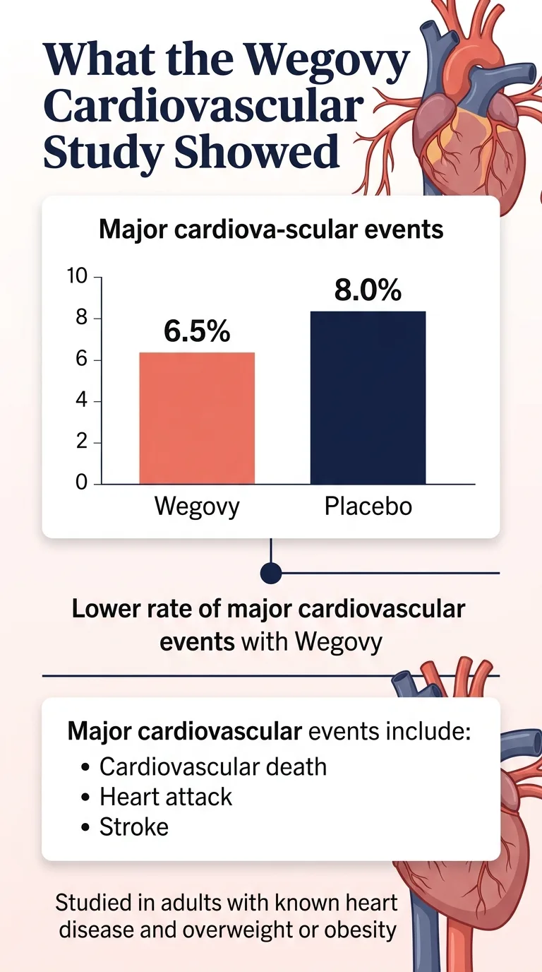 What the Wegovy cardiovascular study showed: 6.5% major cardiovascular event rate with Wegovy versus 8.0% with placebo. Major cardiovascular events include cardiovascular death, heart attack, and stroke. Studied in adults with known heart disease and overweight or obesity.