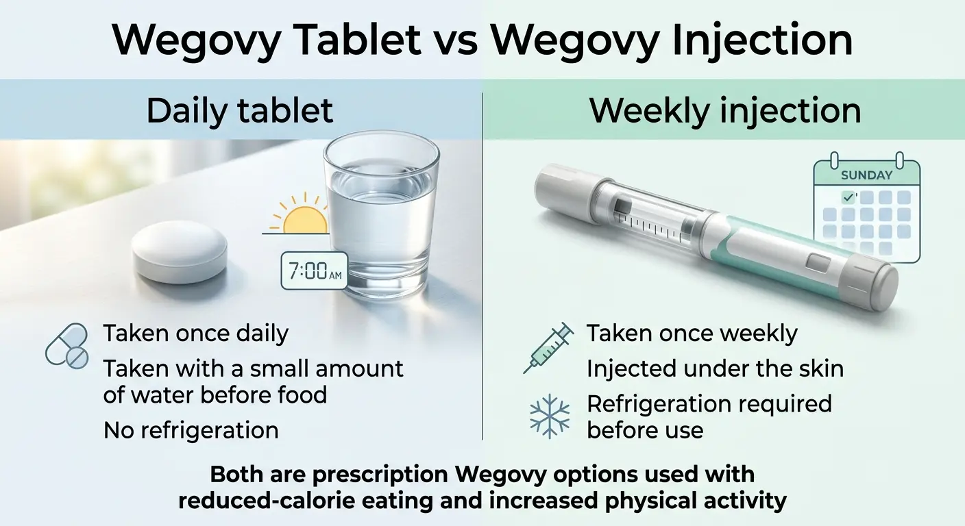 Wegovy tablet vs injection comparison — daily tablet: taken once daily with small amount of water before food, no refrigeration; weekly injection: taken once weekly, injected under skin, refrigeration required before use. Both are prescription options used with reduced-calorie eating and increased physical activity.