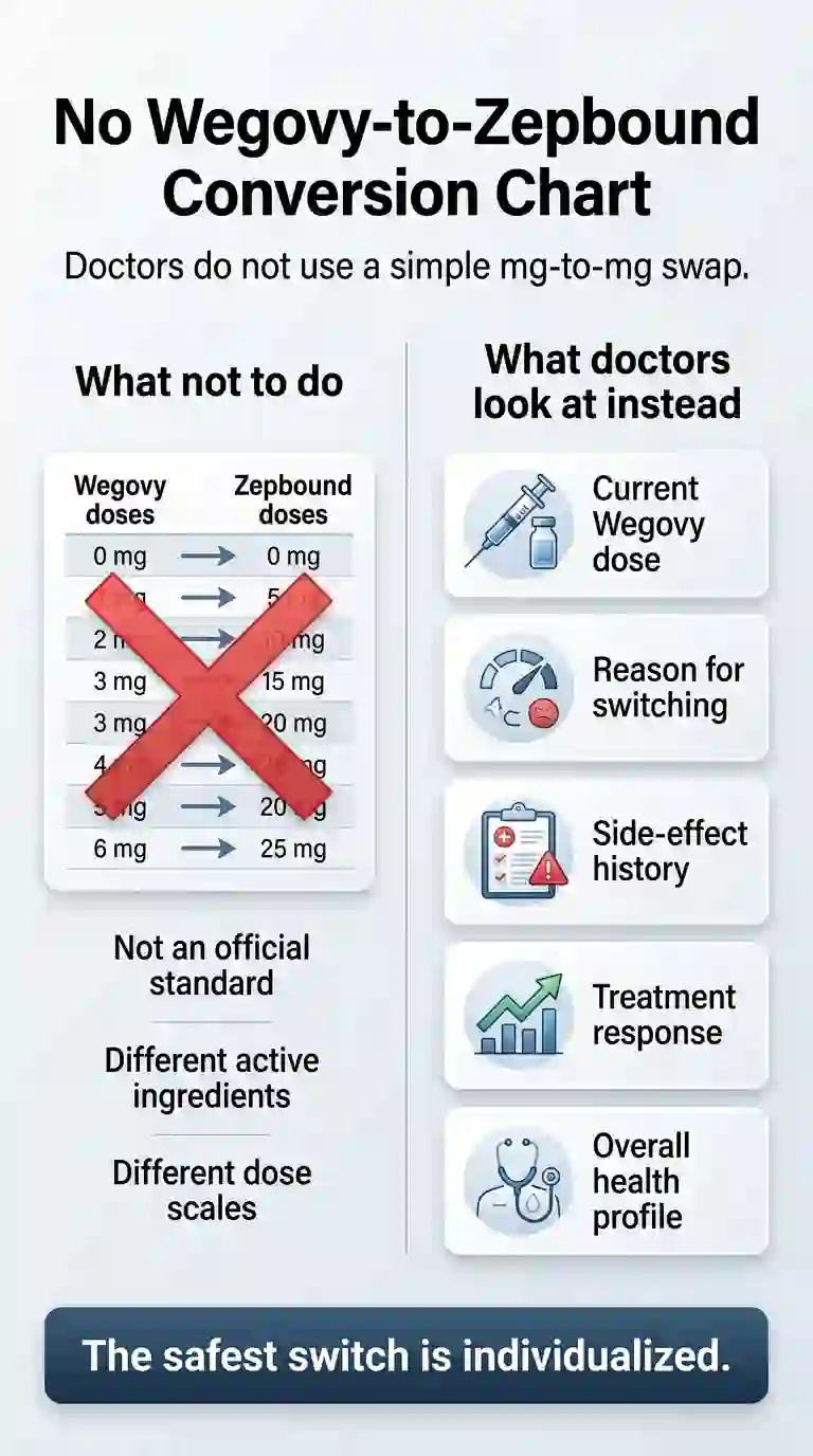 No Wegovy-to-Zepbound dose conversion chart — doctors individualize the switch based on current dose, reason for switching, side-effect history, treatment response, and overall health profile