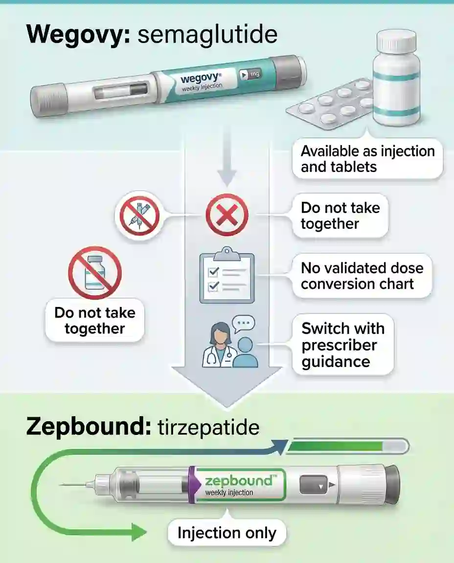 Wegovy (semaglutide) to Zepbound (tirzepatide) switch overview — stop Wegovy, no overlap, start Zepbound with prescriber guidance; injection only