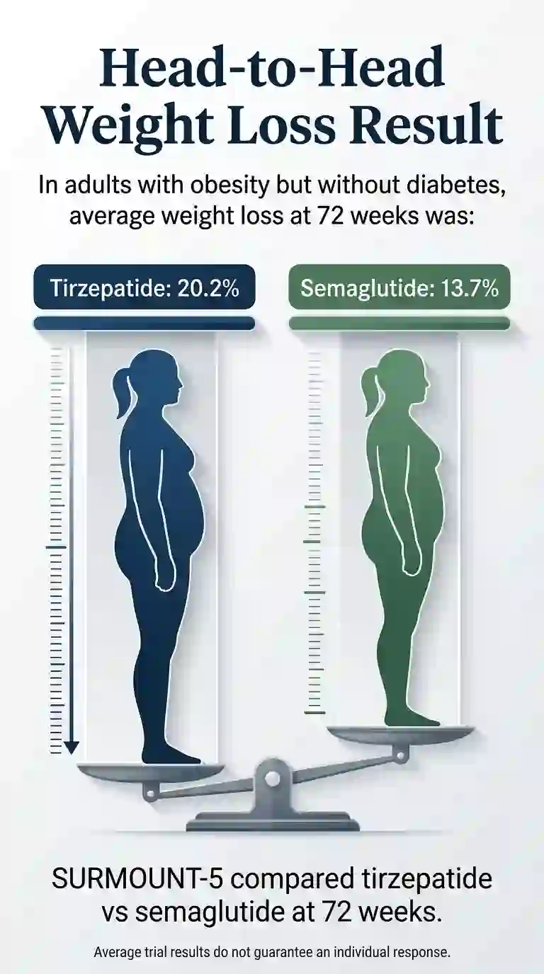Head-to-head weight loss results: tirzepatide (Zepbound) 20.2% vs semaglutide (Wegovy) 13.7% average body weight loss at 72 weeks in SURMOUNT-5 trial