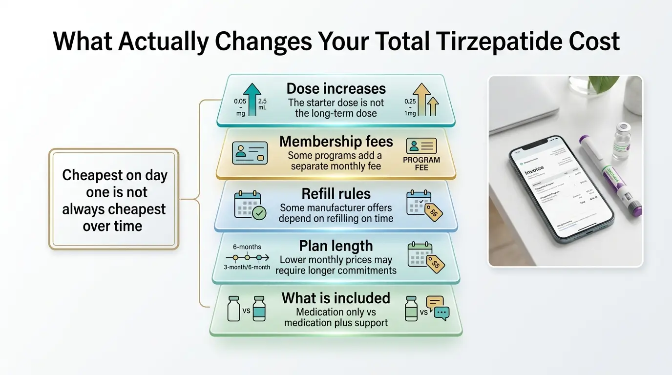 What actually changes your total tirzepatide cost without insurance: dose increases (the starter dose is not the long-term dose), membership fees (some programs add a separate monthly fee), refill rules (some manufacturer offers depend on refilling on time), plan length (lower monthly prices may require longer commitments), and what is included (medication only vs medication plus support)