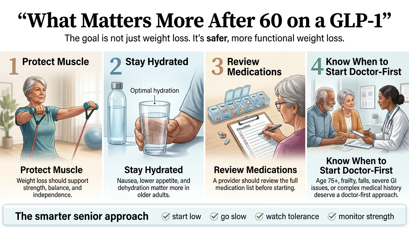 What matters more after 60 on a GLP-1: 1) Protect Muscle — weight loss should support strength, balance, and independence 2) Stay Hydrated — nausea and lower appetite make dehydration a real risk 3) Review Medications — a provider should check the full medication list before starting 4) Know When to Start Doctor-First — age 75+, frailty, falls, or complex medical history