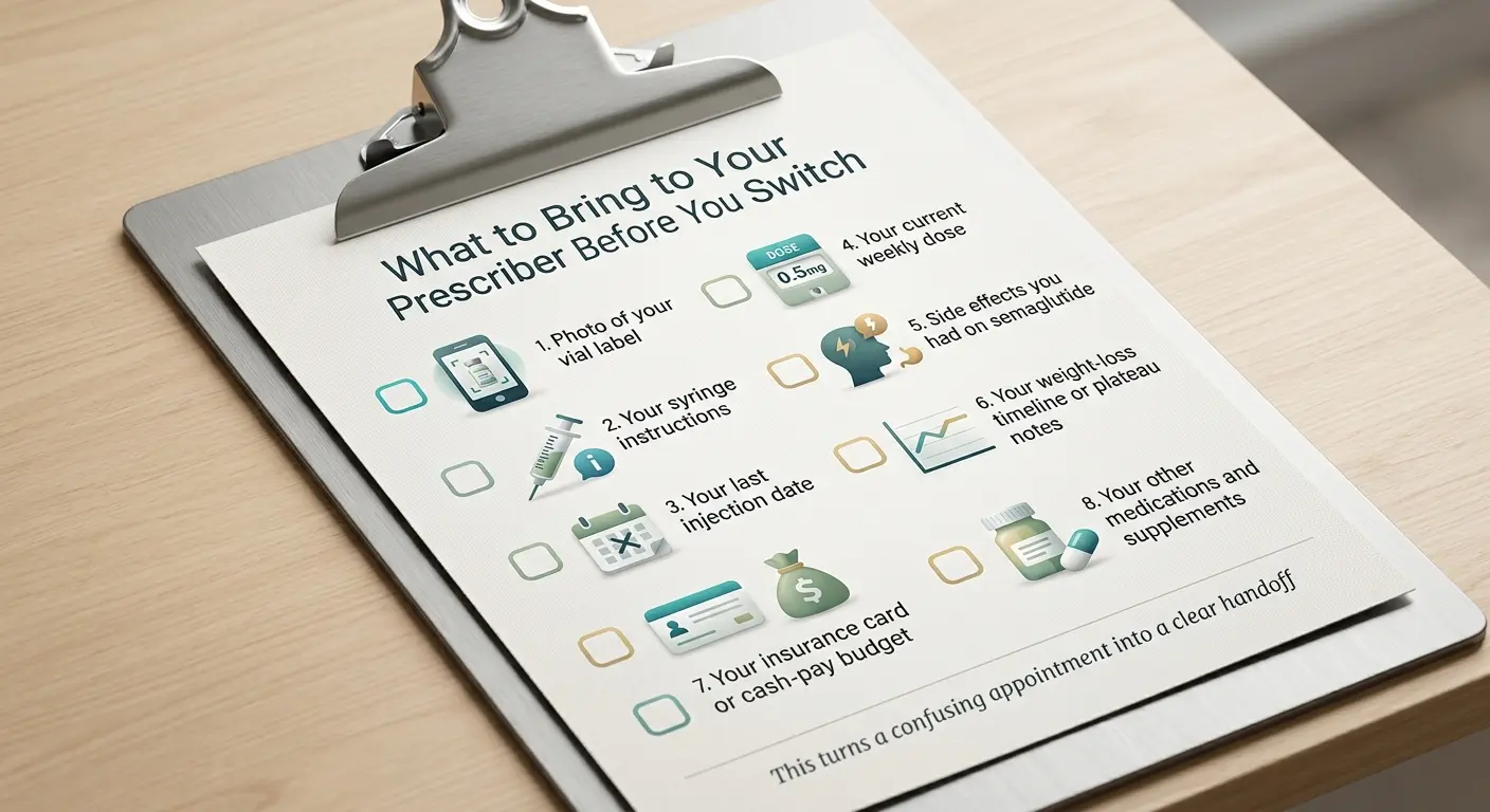 Checklist on a clipboard: What to Bring to Your Prescriber Before You Switch. Items include: 1. Photo of your vial label, 2. Your syringe instructions, 3. Your last injection date, 4. Your current weekly dose, 5. Side effects you had on semaglutide, 6. Your weight-loss timeline or plateau notes, 7. Your insurance card or cash-pay budget, 8. Your other medications and supplements. Caption: This turns a confusing appointment into a clear handoff.
