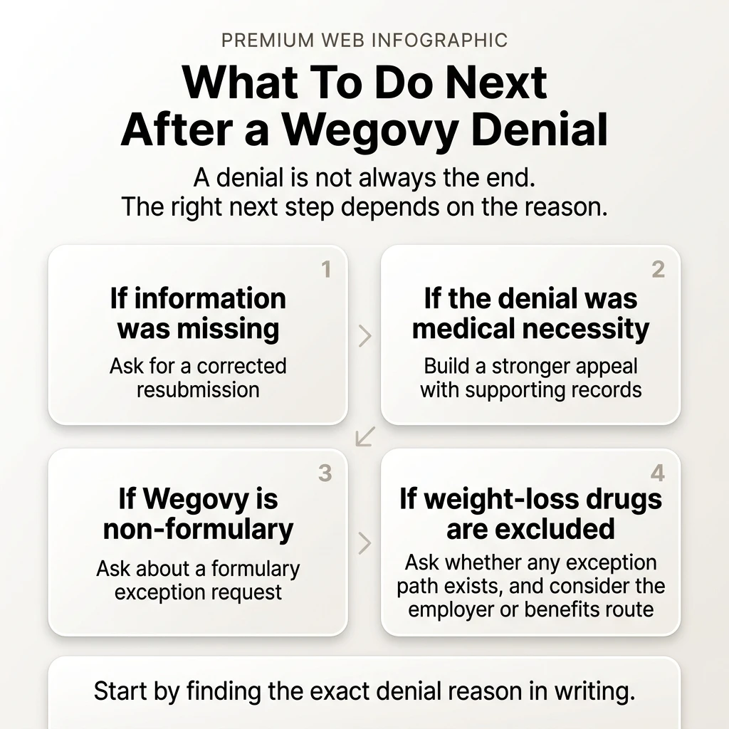 What To Do Next After a Wegovy Denial — four scenarios. 1: If information was missing, ask for a corrected resubmission. 2: If the denial was medical necessity, build a stronger appeal with supporting records. 3: If Wegovy is non-formulary, ask about a formulary exception request. 4: If weight-loss drugs are excluded, ask whether any exception path exists and consider the employer or benefits route. Bottom: Start by finding the exact denial reason in writing.