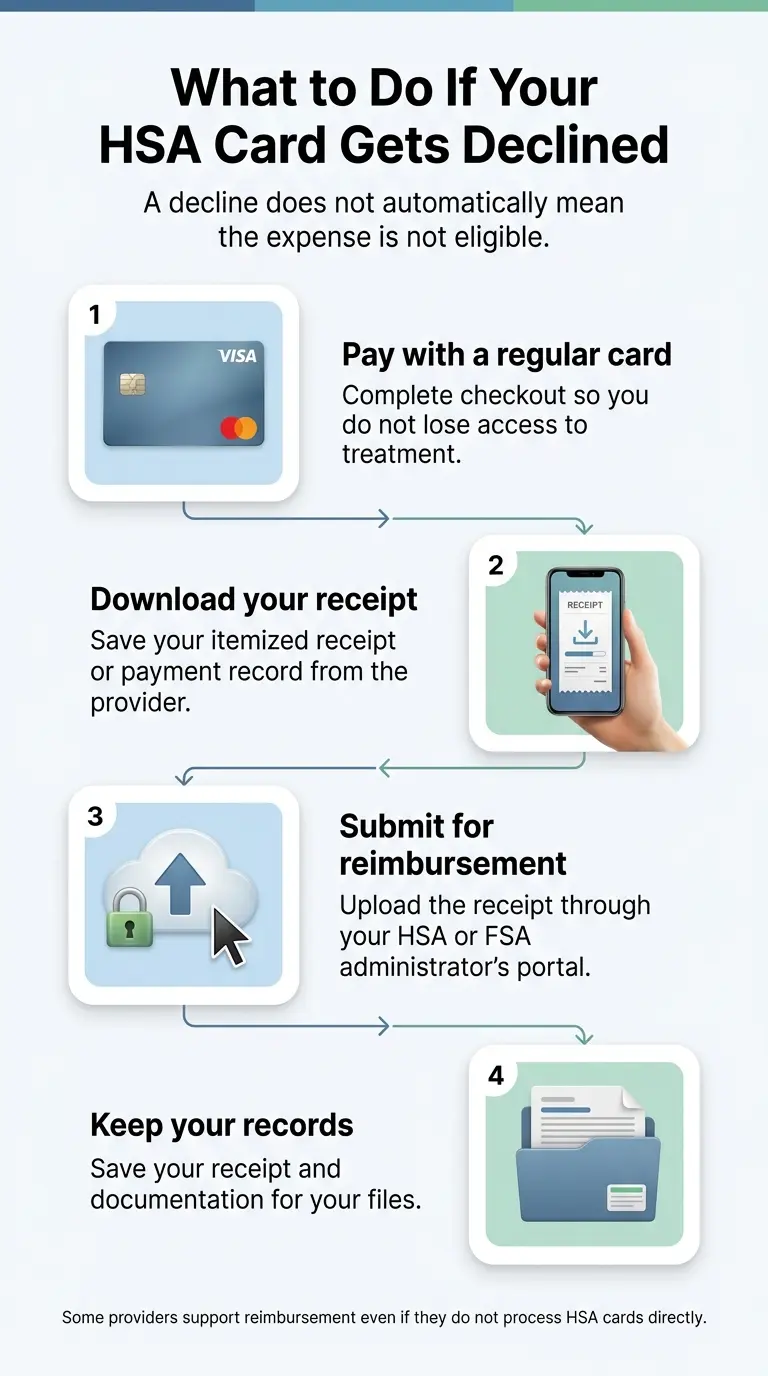 What to do if your HSA card gets declined at a GLP-1 provider — Step 1: Pay with a regular card (complete checkout so you don't lose access to treatment); Step 2: Download your receipt (save itemized receipt or payment record); Step 3: Submit for reimbursement (upload receipt through your HSA or FSA administrator portal); Step 4: Keep your records (save receipt and documentation for your files). A decline does not automatically mean the expense is not eligible. Some providers support reimbursement even if they do not process HSA cards directly.