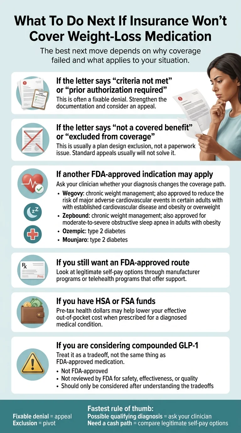 Flowchart: What To Do Next If Insurance Won't Cover Weight-Loss Medication — six pathways including criteria not met, excluded from coverage, alternative FDA indication, FDA-approved self-pay, HSA/FSA funds, and compounded GLP-1 with regulatory trade-offs