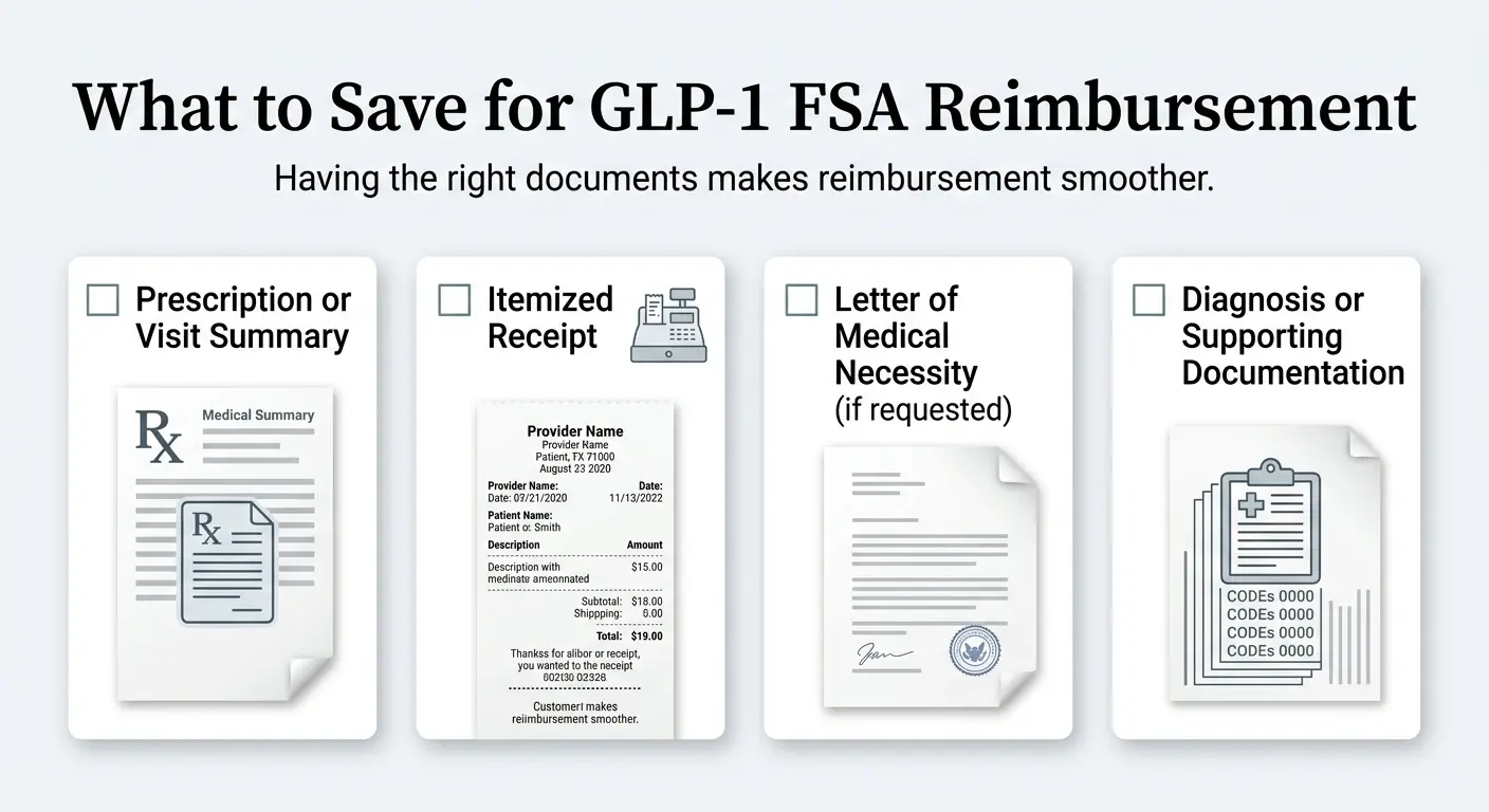 What to save for GLP-1 FSA reimbursement — having the right documents makes reimbursement smoother. Four items: (1) Prescription or Visit Summary — your medical summary and Rx documentation. (2) Itemized Receipt — showing Provider Name, Patient Name, Date, Description, and Amount paid. (3) Letter of Medical Necessity (if requested) — official letter signed by your provider. (4) Diagnosis or Supporting Documentation — supporting codes and diagnosis paperwork.
