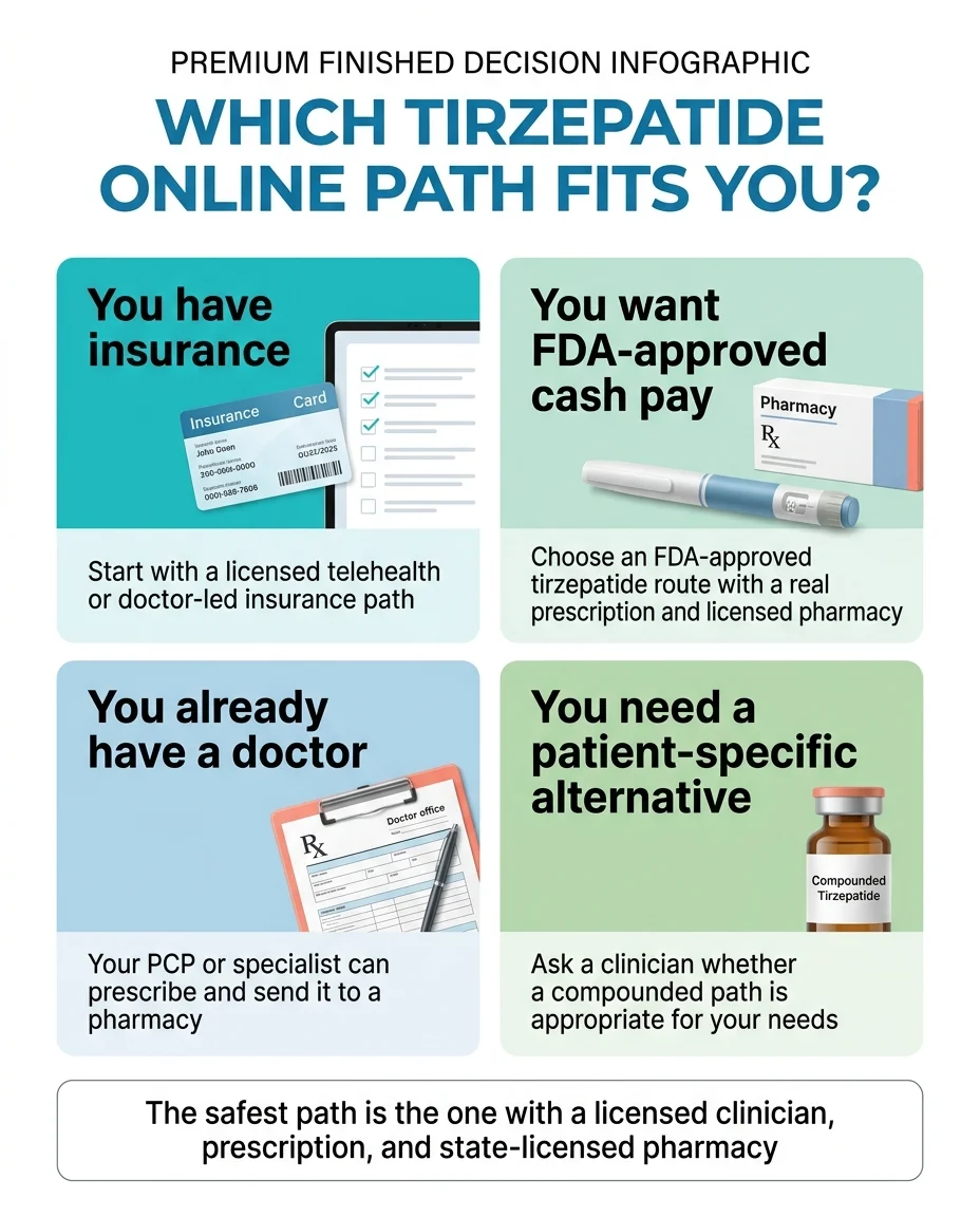 Which tirzepatide online path fits you — 4-quadrant decision guide: insurance path, FDA cash-pay, existing doctor, patient-specific compounded alternative