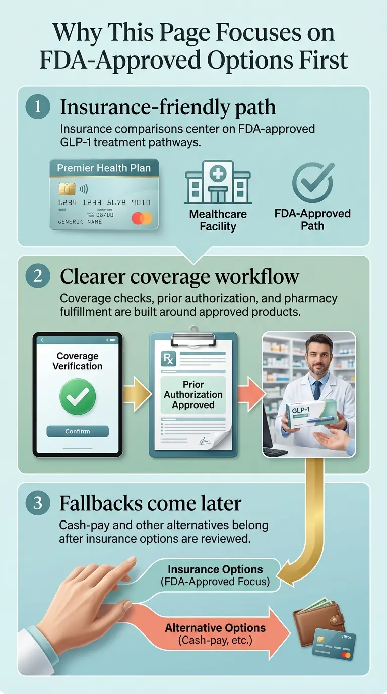 Why this page focuses on FDA-approved GLP-1 options first: insurance-friendly path (insurance comparisons center on FDA-approved treatment pathways); clearer coverage workflow (coverage checks, prior auth, and pharmacy fulfillment built around approved products); fallbacks come later (cash-pay and other alternatives belong after insurance options are reviewed)