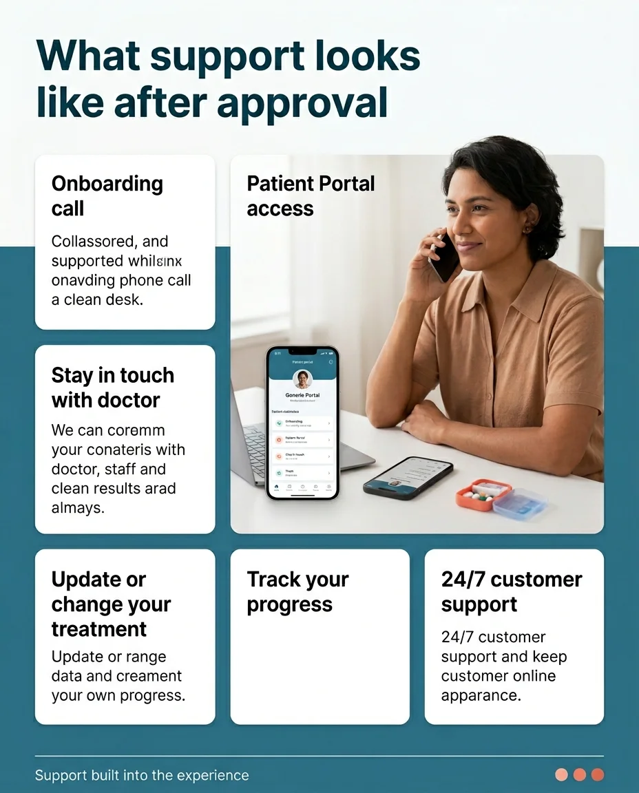 Yucca Health patient support after approval — onboarding call, patient portal access, ongoing care with doctor, progress tracking, 24/7 customer support