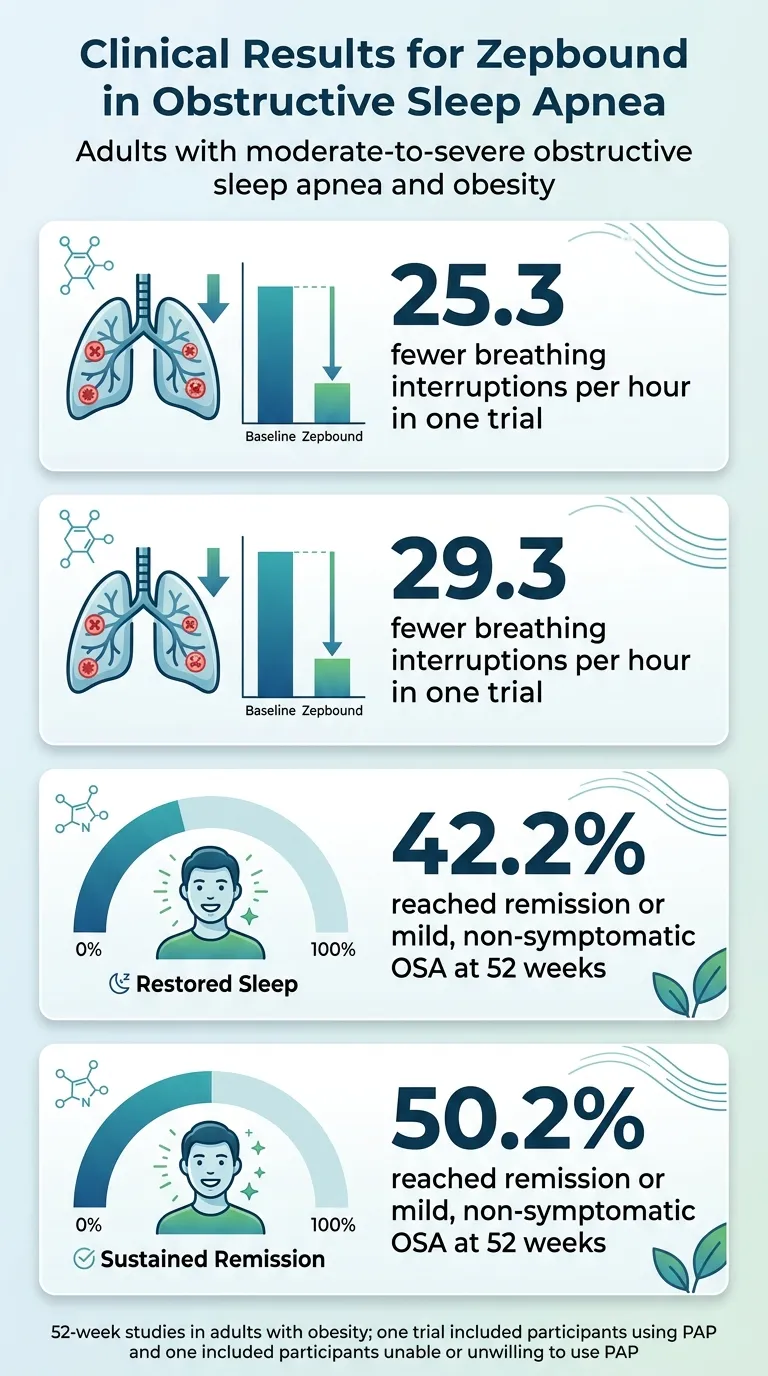 Clinical results for Zepbound in obstructive sleep apnea: 25.3 fewer breathing interruptions per hour in one trial, 29.3 in the other, 42.2% reached remission without PAP, 50.2% reached remission with PAP — SURMOUNT-OSA 52-week data