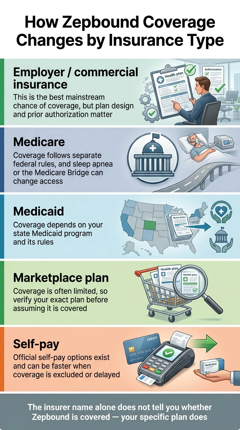 How Zepbound Coverage Changes by Insurance Type infographic showing 5 stacked categories. Employer/commercial insurance: best mainstream chance of coverage, but plan design and prior authorization matter. Medicare: coverage follows separate federal rules, sleep apnea or the Medicare Bridge can change access. Medicaid: coverage depends on your state Medicaid program and its rules. Marketplace plan: coverage is often limited, so verify your exact plan before assuming it is covered. Self-pay: official self-pay options exist and can be faster when coverage is excluded or delayed. Bottom: the insurer name alone does not tell you whether Zepbound is covered — your specific plan does.