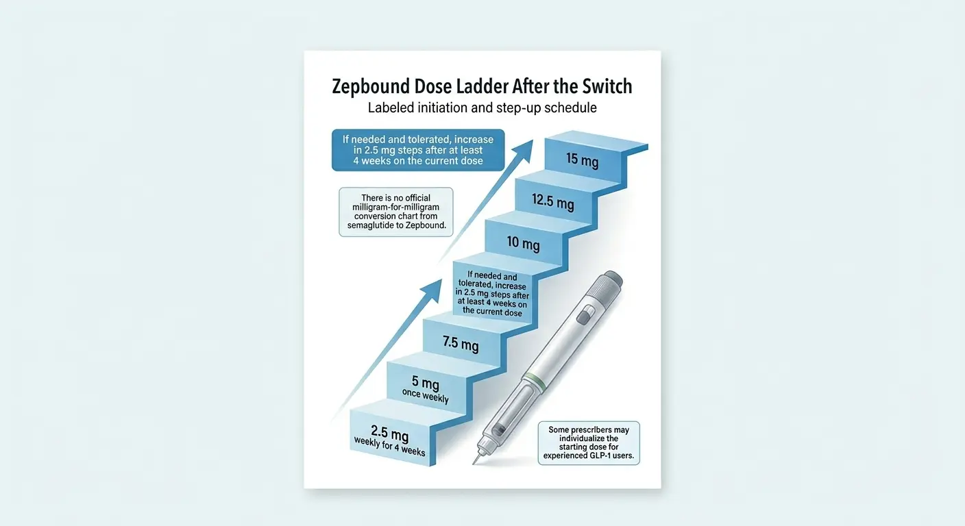 Zepbound dose ladder after switching from semaglutide — labeled initiation and step-up schedule from 2.5 mg to 15 mg