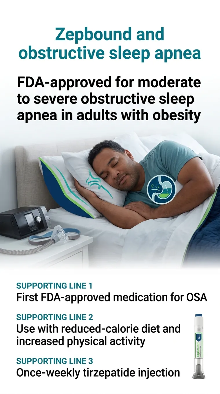 Zepbound FDA-approved for moderate to severe obstructive sleep apnea in adults with obesity. First FDA-approved medication for OSA. Used with reduced-calorie diet and increased physical activity. Once-weekly tirzepatide injection.